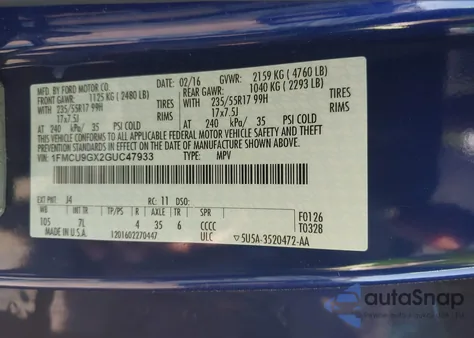 2016 Ford Escape Se из США, поврежденный, VIN 1FMCU9GX2GUC47933